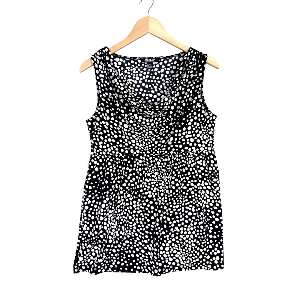 Vintage 90's DKNY Sleeveless Top Womens Medium Black White Polka Dot Cowl Neck